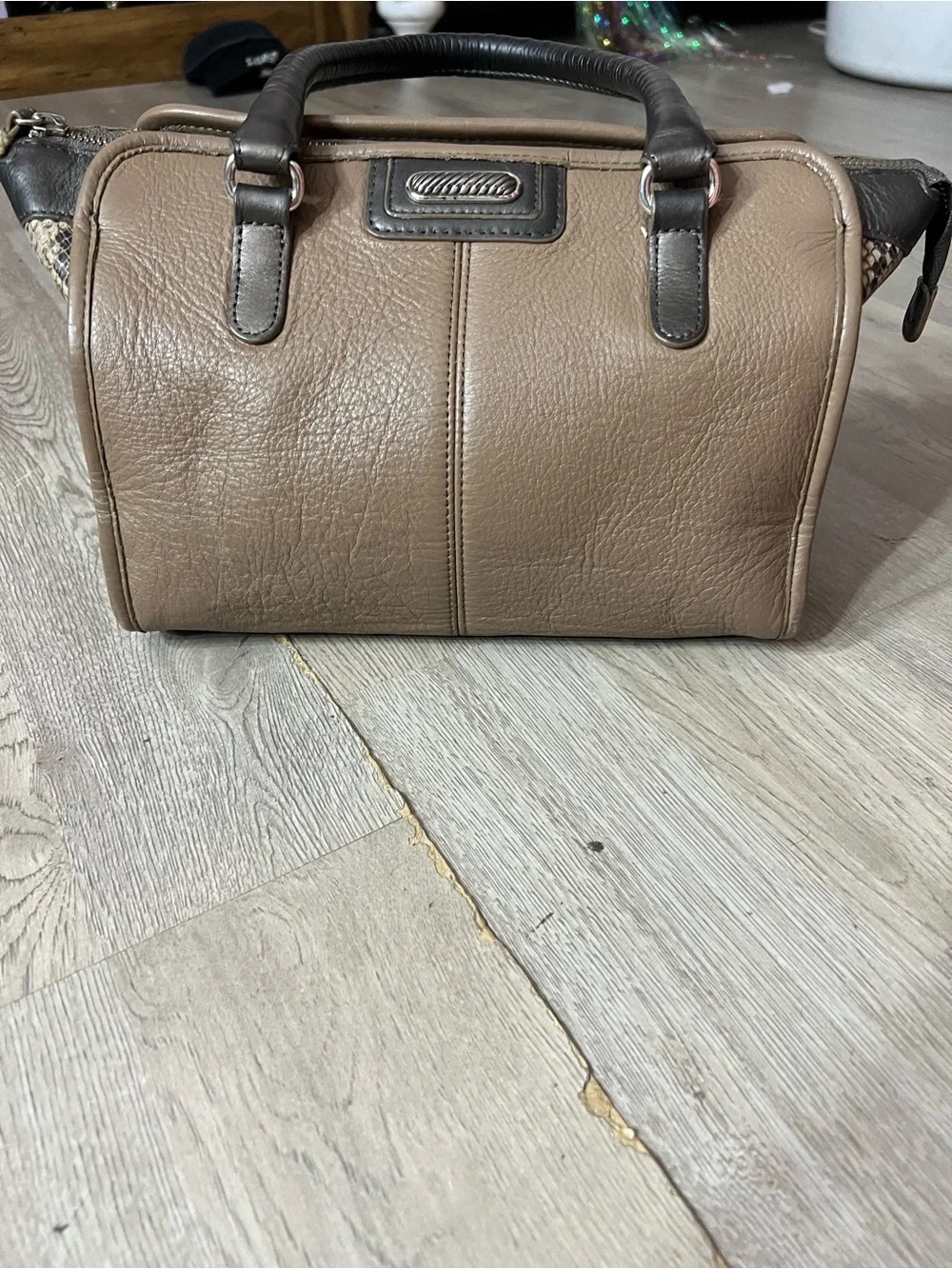 Classic Taupe Leather Briefcase with Black Trim